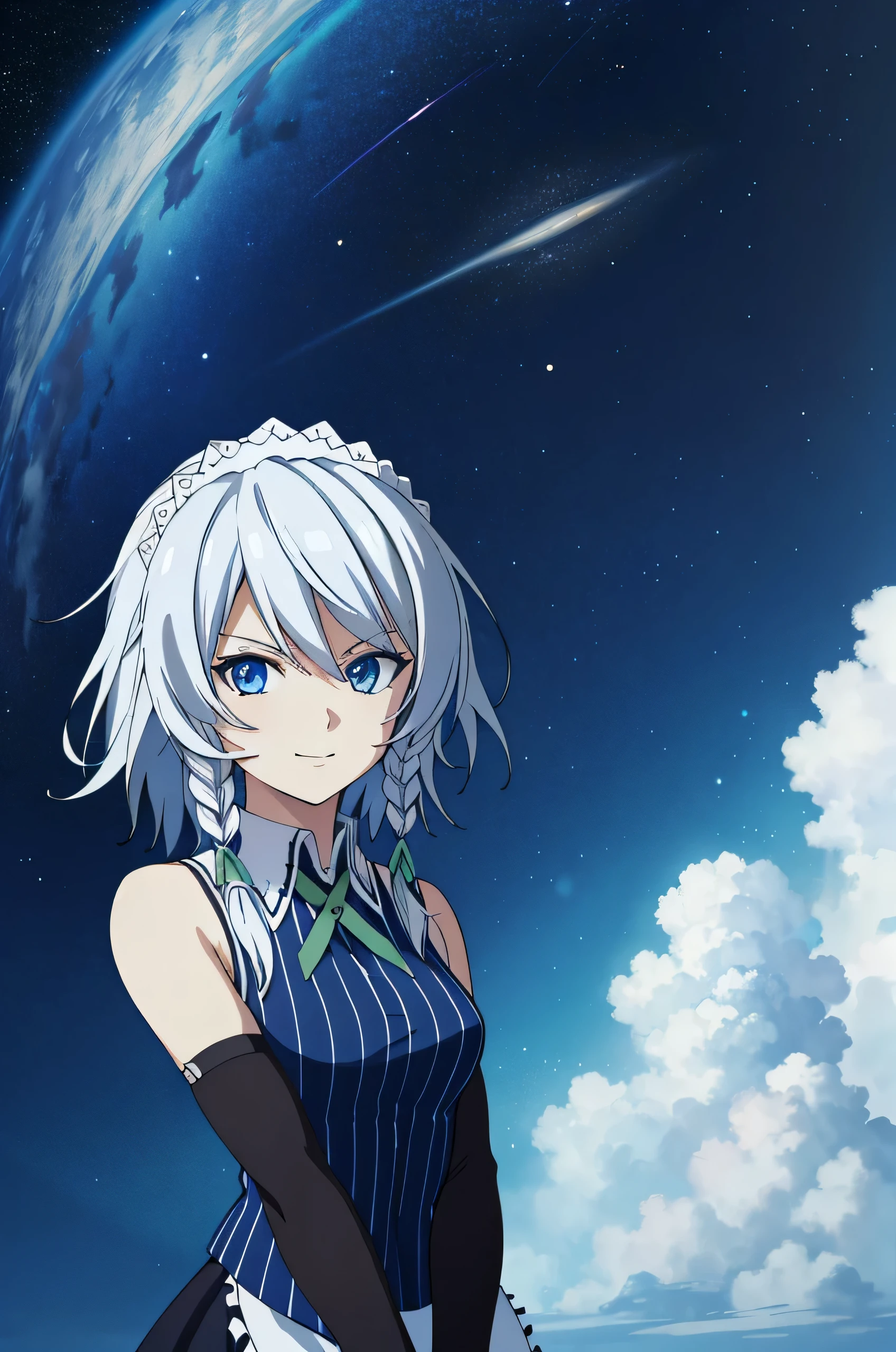 (high-quality, breathtaking),(expressive eyes, perfect face) 1female, female, solo, smiling, warm soft smile, , Venus planet, space background, portrait, upper body, magic, , sakuya izayoi, silver hair, maid dress, white apron, very short skirt, sexy pose,, sleeveless outfit, detailed face, detailed eyes, fresh blue eyes, big green ribbons, blue outfit, small-to-medium breasts, white hair, bowtie girl, white maid headband