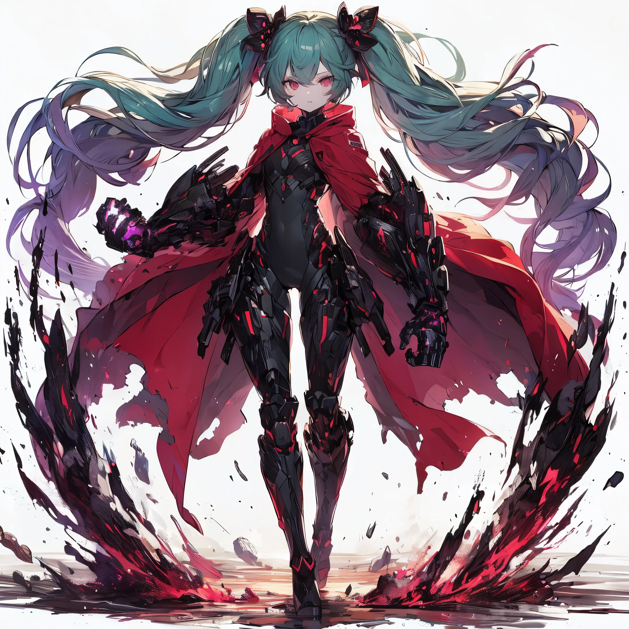 (Masterpiece, Top Quality), (Fine Hair), Ultra-Detailed, Anime Style, Solo, Full Length, Concept Art, transforming Girl, (transform belt, mech armored) burned black mechanical limb, ((fists of black-purple flame)), Sea green two topknot hairstyle with red eyes, wearing raged red robe, and Body-Fitting Thin High-Tech Suit, thighs boots, White background, standing full length, (heroic posing), standing on burned earth,
