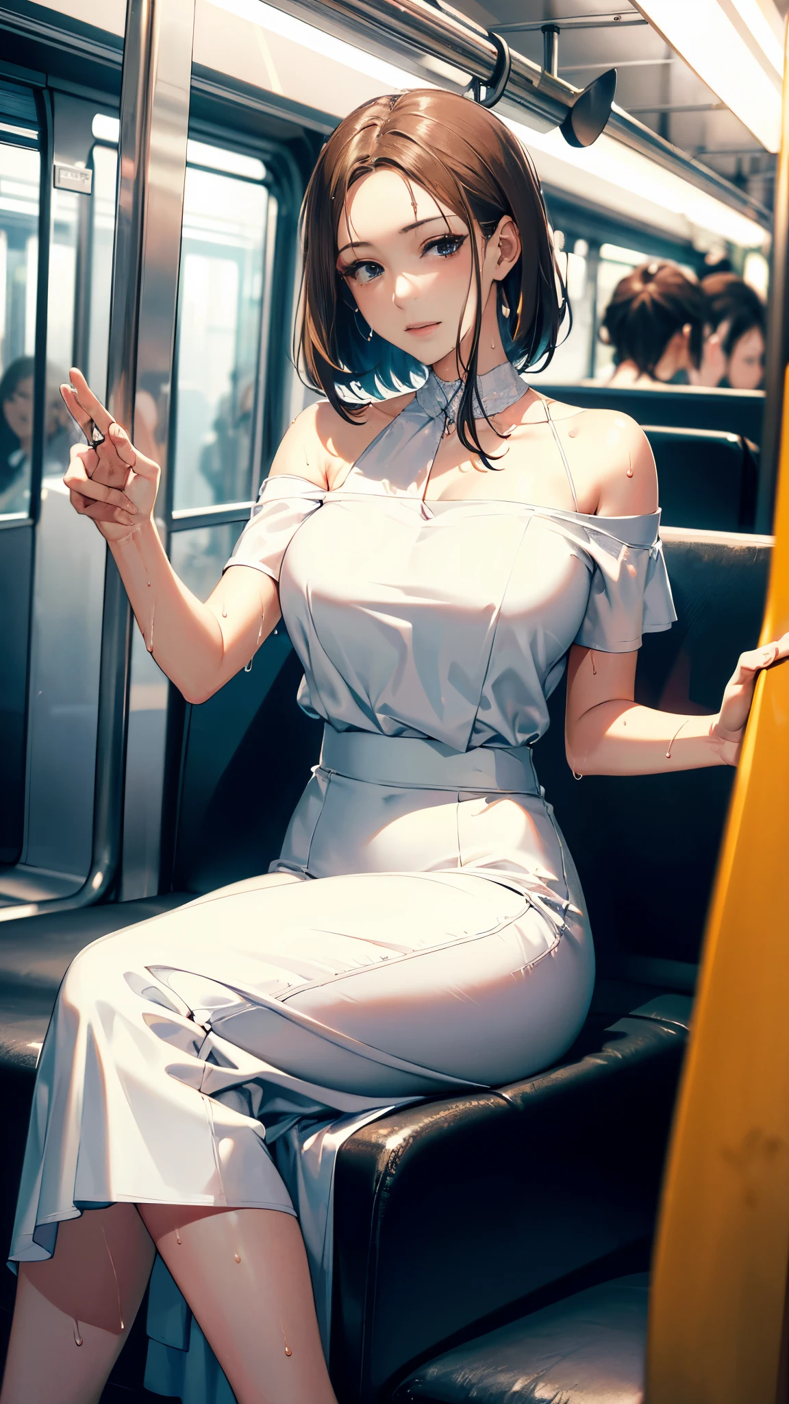 (8k, RAW photo、highest quality、masterpiece:1.2), Masterpiece, best quality, high resolution, very detailed, detailed background, 1 girl, looking at the audience, sitting on the subway, inside the train, posing pose, white off-the-shoulder dress, skirt, transparent, happy, (steam),((sweat))