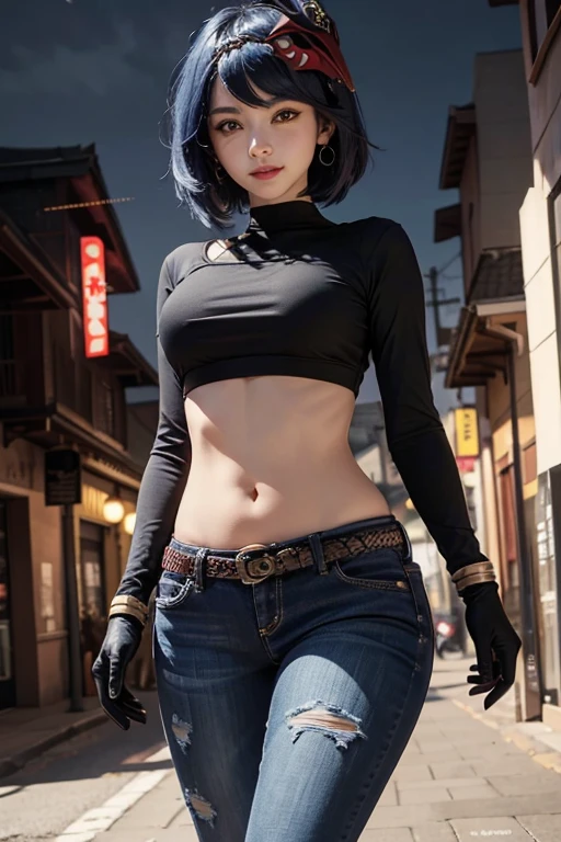 1girl, (long sleeved black top, long jeans, iron belt, big earrings, boots), ((midriff, navel)), boulevard, night, looking at viewer, walking, smile, (cinematic lighting, best quality, masterpiece, high details, best quality, highres, HD, 4K, 8k, super detail), (kujou sara:1.3), mask on head, blue hair, short hair, yellow eyes, gloves
