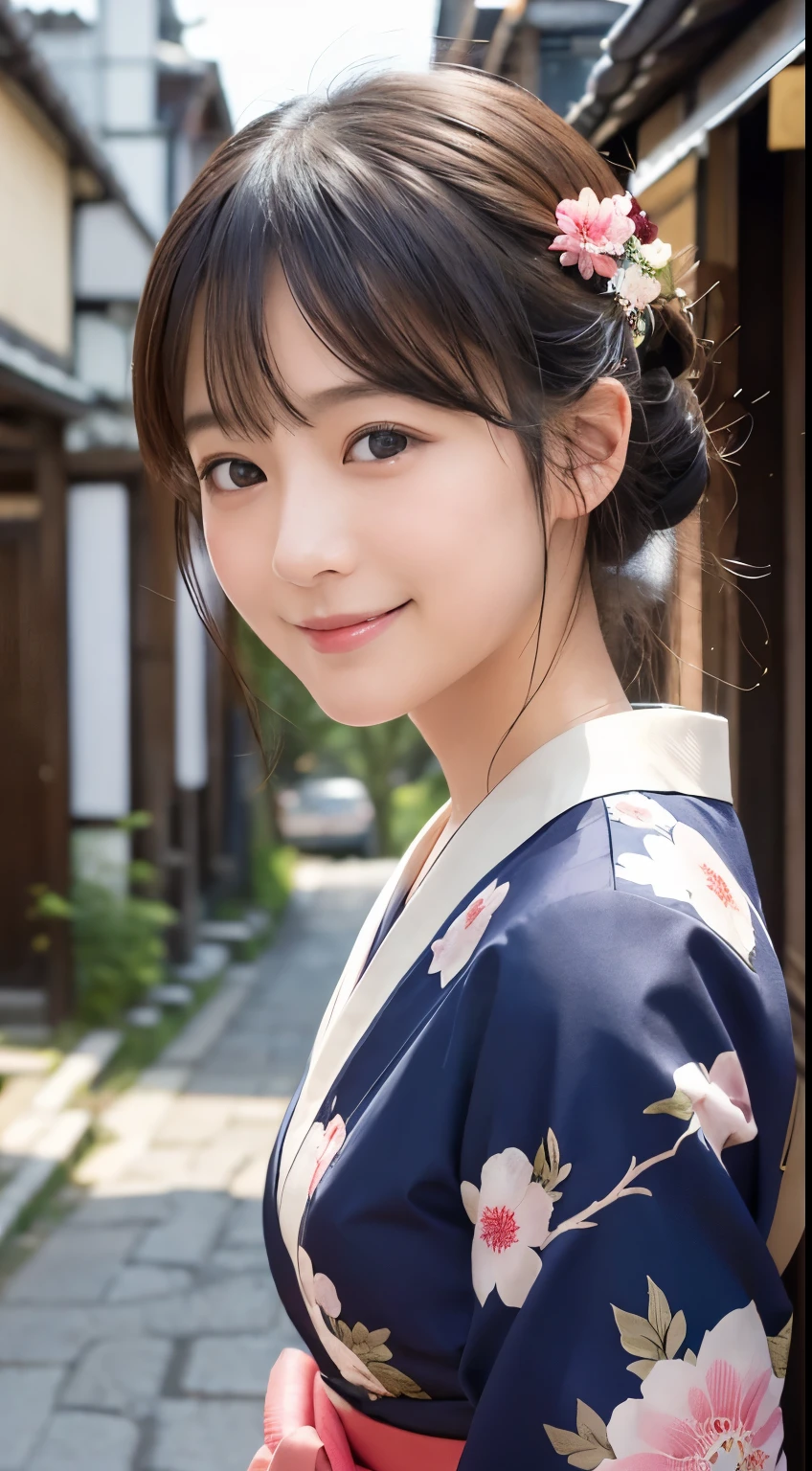 Professional Lighting,(Photorealistic:1.4), (Top image quality:1.0), (超A high resolution:1.0), 8k, Raw photography, (masterpiece:0.2), (Facing the children_v1:0.5)、(最高quality Detail:1.2)、Realistic、8K Ultra HD、High resolution、(1 girl:1.2)、超detailedな、High quality textures、複雑なdetailed、detailed、Very detailed CG、High quality shadows、detailed 美しく繊細な顔、Beautiful details and a delicate eye、(Symmetrical eyes:1.2),Written boundary depth、Ray Tracing,1 girl, Japanese Girls, (Natural smile:1.4),cute, thin, Portrait of a beautiful Japanese woman in a kimono, Standing elegantly on a street corner in Kyoto. Kimono with vibrant traditional patterns, Hair decorated with elegant and delicate hairpins, Gentle expression. (With the old streets of Kyoto in the background:1.4)、The soft light of a spring afternoon、Adding tranquility to the scene. Rendered in a Realistic style with great attention to detail, High resolutionの画像.Sky Porn, Magic Hour, (Realistic:1.3), finely, quality, (Tabletop:1.2), (Realistic:1.2), (最高quality), (複雑なdetailed), dramatic, Ray Tracing, photograph, +roller