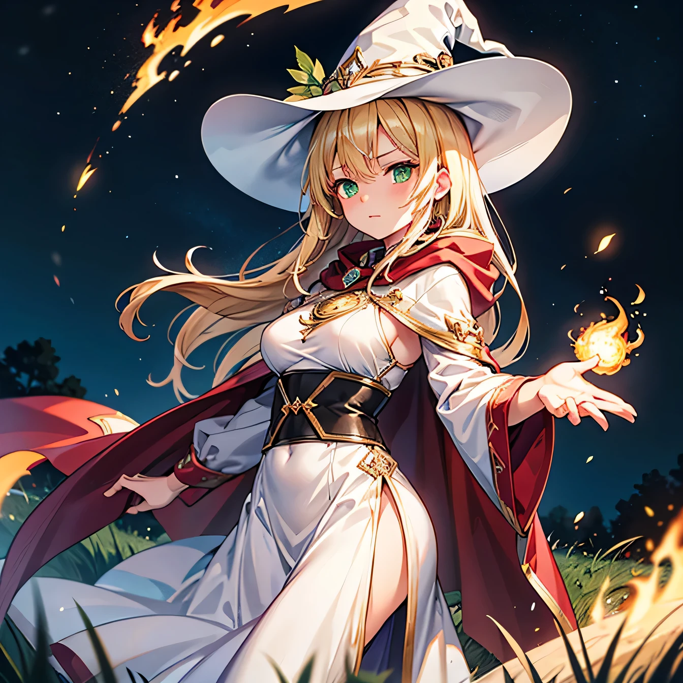 Anime art style,highest quality,High resolution,Anatomically correct,One adult woman,Age 25,Blonde,Super long hair,Beautiful ironed hair,Green Eyes,Super detailed,Fantasy worldview,witch,White hat with gold trim,White cloak with gold trim,A long skirt with a black base,Medium sized breasts,Lifted eyes,Serious expression,One hand outstretched in front,Flames coming out of the hands,Night Grassland,8K