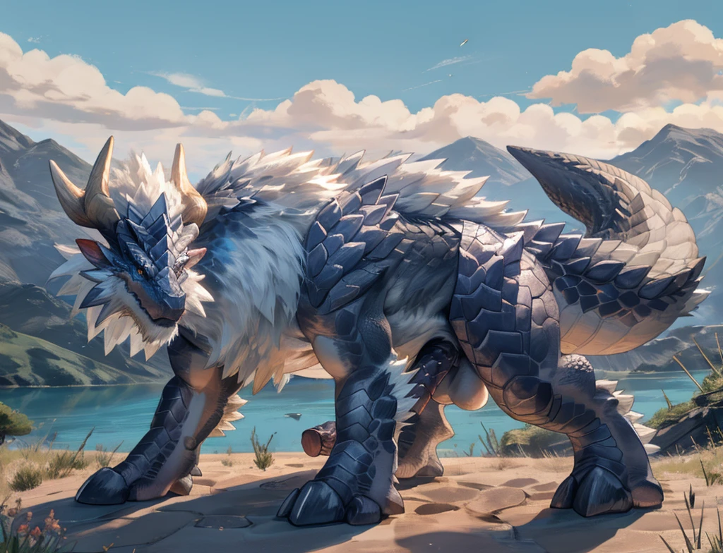 Dragon, monster hunter, realistic scalie, feral, anatomicamente animal, lago, balls and large white equine penis, standing, all fours, solo, large body, large paws, gray body, small waist, large tail