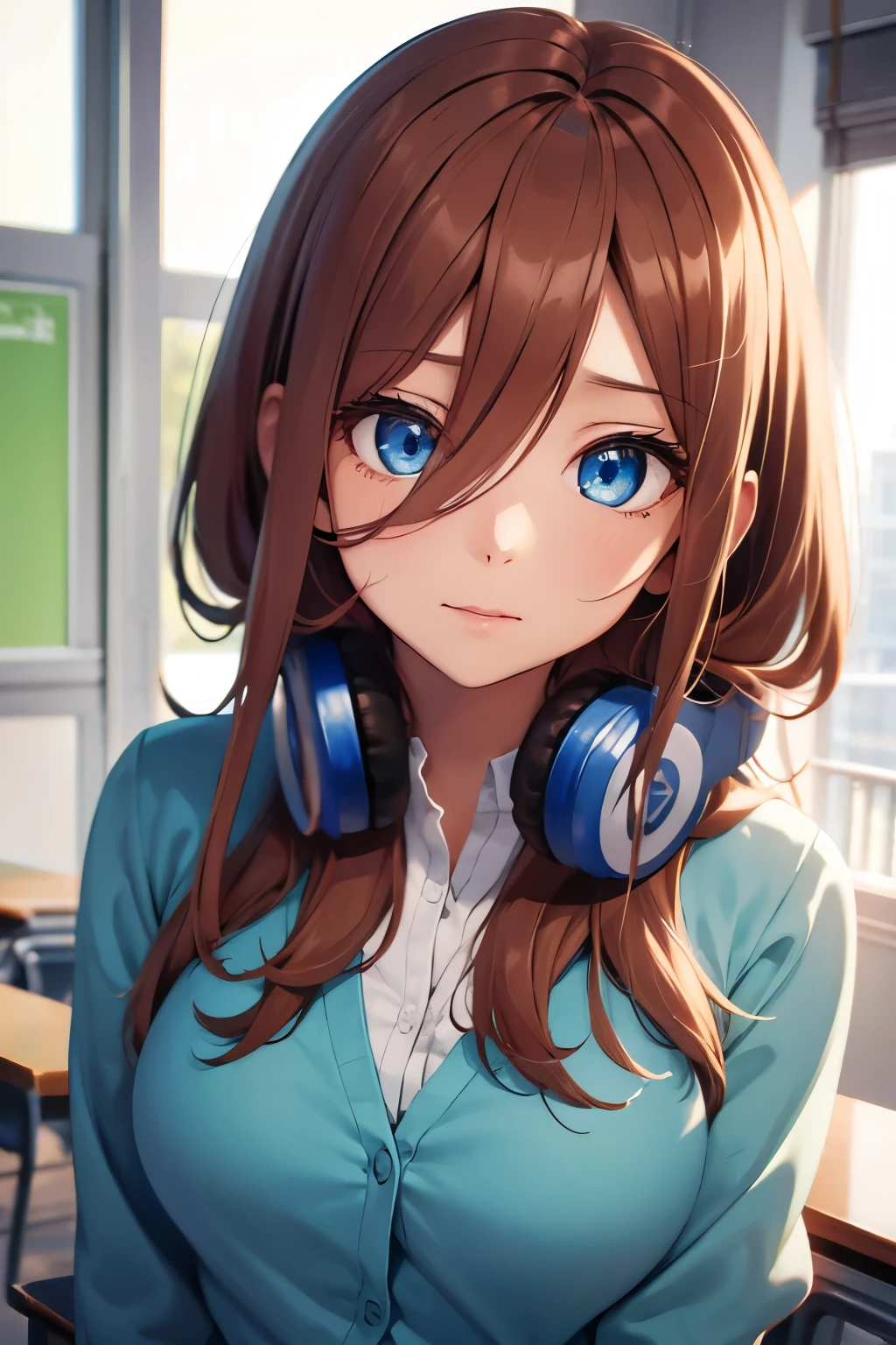 mikunakano, miku nakano, long hair, bangs, blue eyes, brown hair, shirt, hair between eyes, headphones, cardigan, headphones around neck,
BREAK skirt, shirt, long sleeves, white shirt, pantyhose, pleated skirt, black pantyhose, cardigan, green skirt, blue cardigan,
BREAK indoors, classroom,
BREAK looking at viewer, BREAK (masterpiece:1.2), best quality, high resolution, unity 8k wallpaper, (illustration:0.8), (beautiful detailed eyes:1.6), extremely detailed face, perfect lighting, extremely detailed CG, (perfect hands, perfect anatomy),