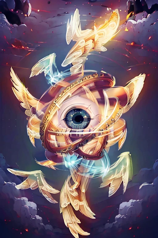 An eye with multiple wings, giving off a celestial aura, floating near the planet Earth
