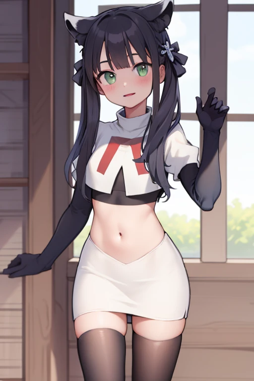 masterpiece,shundef, team rocket,team rocket uniform,white skirt,red letter R,crop top,black thigh-highs,black elbow gloves