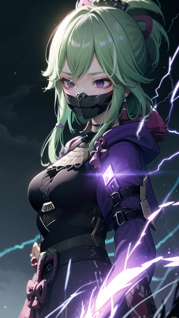 (High Detail:1.2) Anime Girl, (Cinematic Lighting, Delicate Colors), (Purple Lightning:1.2), Lighting Calm, Mask, Fog. Turquoise, delta tones.