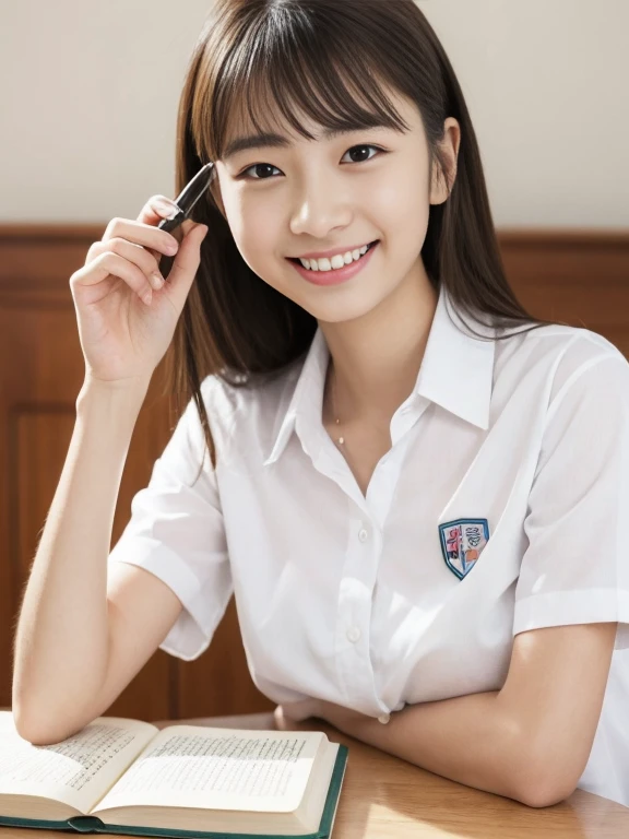 （​masterpiece、high-level image quality、sharp focus）、Wearing a white shirt with short sleeves、one shirt button is missing, have a pen、1 notebook、1Book、cute little:1.5、A Japanese Lady、17 age、Study at your desk、school classrooms、A smile、(perfect anatomia、Precise and beautiful limbs)、autumnal、