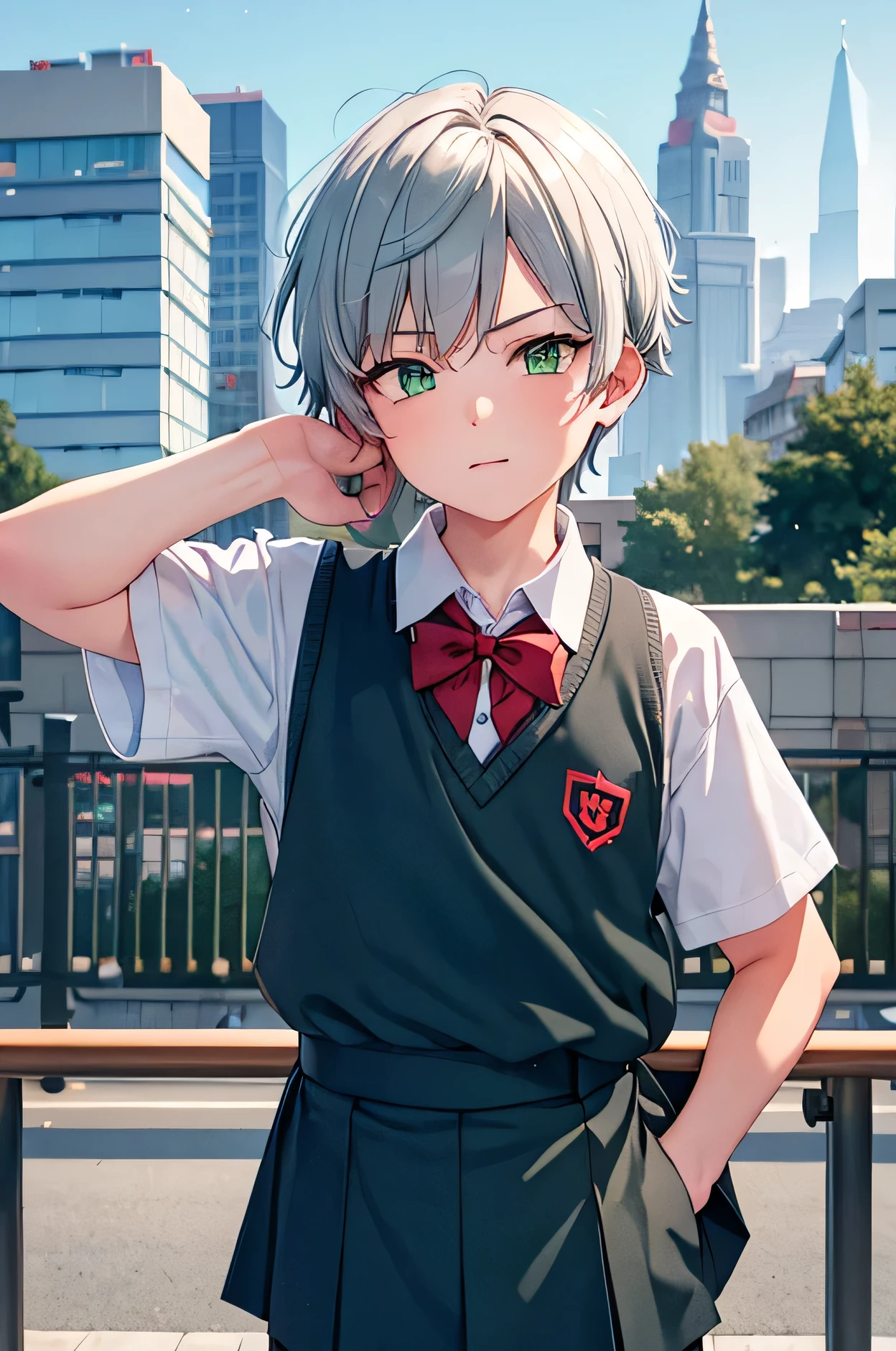 A cute schoolboy troublemaker, grey-haired man with short boyish hair, green eyes with a red glint at the bottom. school in background. muted pastel colors. mainly green color theme with splashes of red. school boy uniform. cute and boyish. don’t forget the pastel color. the uniform is a white dress shirt with a red tie.