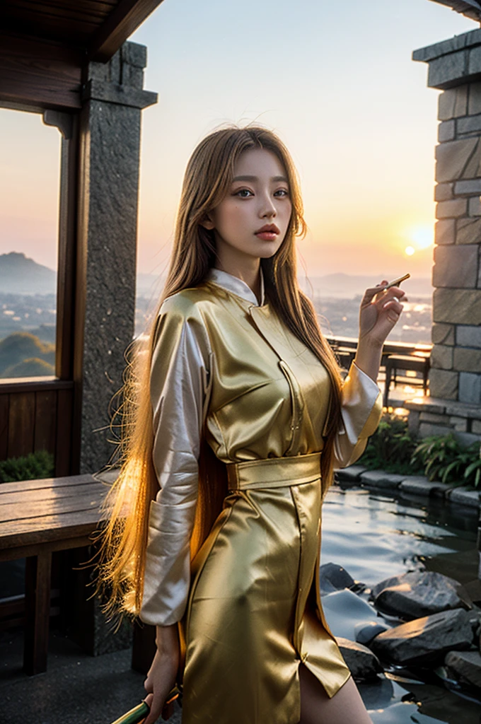 best quality,masterpiece, (1 girl of a Imaginative Manganese Female Page), long yellow gold hair, (background is Unique The Tablets of Stone), at Sunrise, Cel shaded, anaglyph effect,ultra high res,Extremely Detailed Official Unity 8K Wallpapers,ultra high res,ultra high quality,
