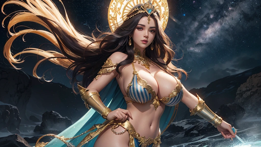 A woman in a golden transparent dress,View Viewer,(((Huge breasts, University of Kili))),Slim waist,(Navel exposed,Bare waist), long hair, extreme detailed details,High-end real station, Heavy rain scene, Detailed fantasy art, Stunning character art, Beautiful and exquisite character art, Beautiful gold and silver armor, Very detailed, girl in shining armor, Exquisite headpieces and jewellery,crystal jewelry filigree, Galaxy, Stunning visuals, (Dynamic Stripes, light track:1.2), Vibrant colors,