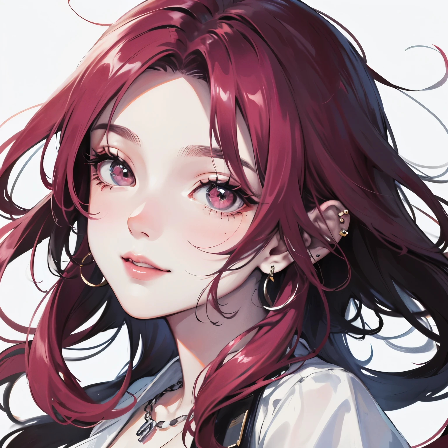 ((highest quality)), ((masterpiece)), (be familiar with), Perfect face female, woman, hopeful, smiling, looking at viewer, long hair, wave hair, black hair, red eyes, eyes open, big eyes, pale skin, fair skin, shiny skin, detailed skin, detailed face, tall, slim, t-shirt, piercing, necklace, delicate facial features, 20-year-old, white background, beautiful, light atmosphere, headshot, from front, high brightness colors, highly saturated colors, beautiful, high quality, photorealistic, anime, 3D render, main artwork, voluptuous，ultra detailed, beautiful, woman, happy, blissful, hopeful, intelligent, smiling, looking at viewer, looking ahead, front view, long hair, wavy hair, shiny hair, black hair, pink hair, red eyes, purple eyes, eyes open, big eyes, wide-eyed, pale skin, fair skin, shiny skin, detailed face, detailed skin, pale skin, slim, slender, voluptuous, piercing, earrings, delicate facial features, japanese idol, 20-year-old, young adult, teenager, adult, white background, gray background, flat background, beautiful, cute, light atmosphere, anime, main artwork, icon, soft-edged, 2000s, headshot, from front, front view, full.face, dark red eye