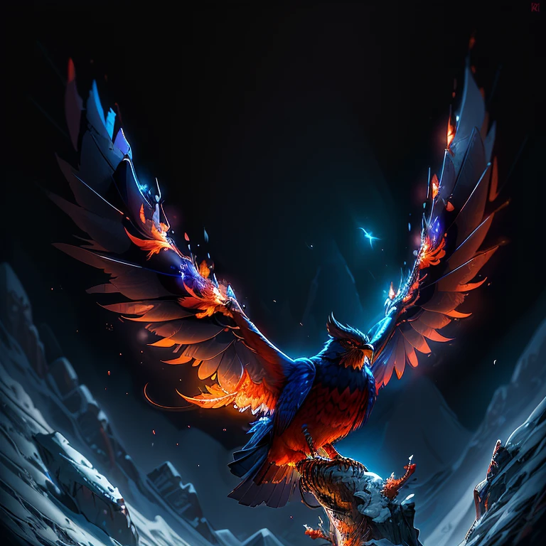 4K 16:9 Image: A Majestic Firebird on a Dimly Lit Mountain Peak

In this captivating image, a mythical firebird graces the summit of a grand mountain range, its wings spread wide against a fiery sunset. The bird's plumage is an intoxicating array of red, orange, and yellow hues, reminiscent of embers glowing in the night. Each feather seems to shimmer with life, casting a dance of light across the rocky landscape beneath.

The lighting effects in this illustration are breathtaking, with a dramatic play of shadows and highlights that accentuate the bird's features. The firebird's