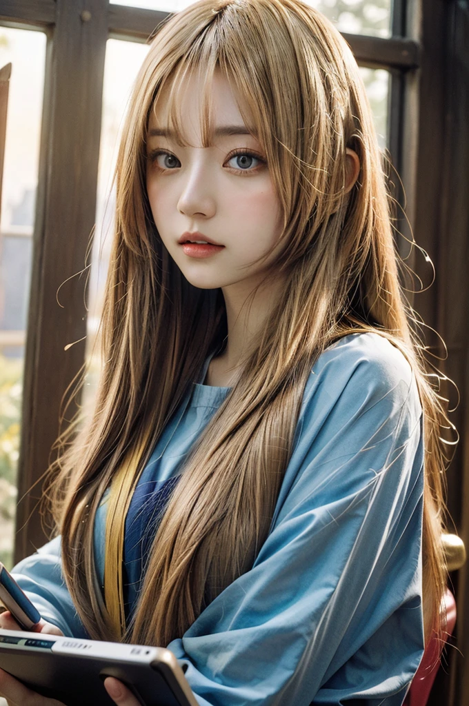 best quality,masterpiece, (1 girl of a Imaginative Manganese Female Page), long yellow gold hair, (background is Unique The Tablets of Stone), at Sunrise, Cel shaded, anaglyph effect,ultra high res,Extremely Detailed Official Unity 8K Wallpapers,ultra high res,ultra high quality,