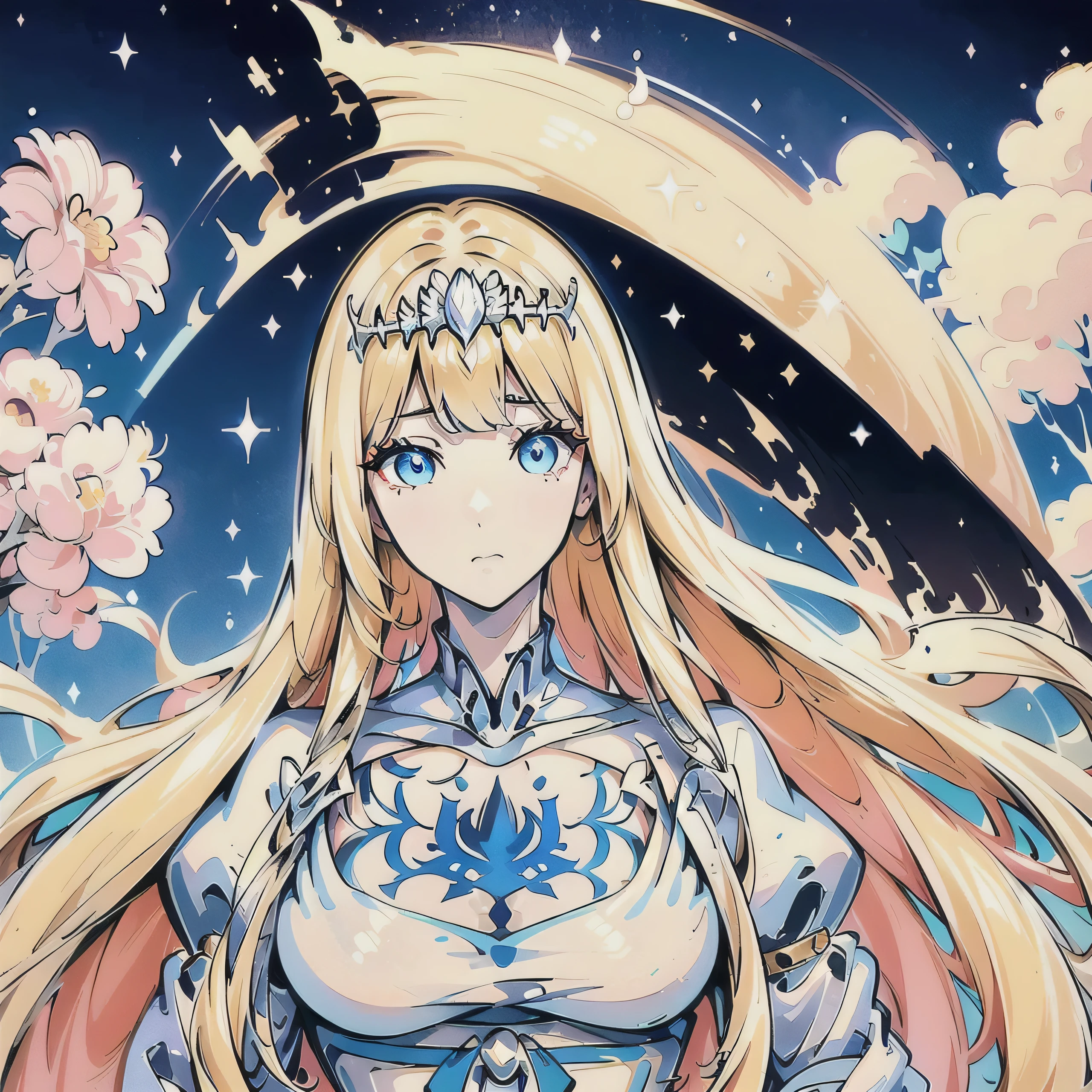 animesque,femele,florals, 1girl, solo, Calca, Calca Bessarez, blonde hair, (extremely long hair:1.3), very long hair, white tiara, white dress, blue eyes, medium chest