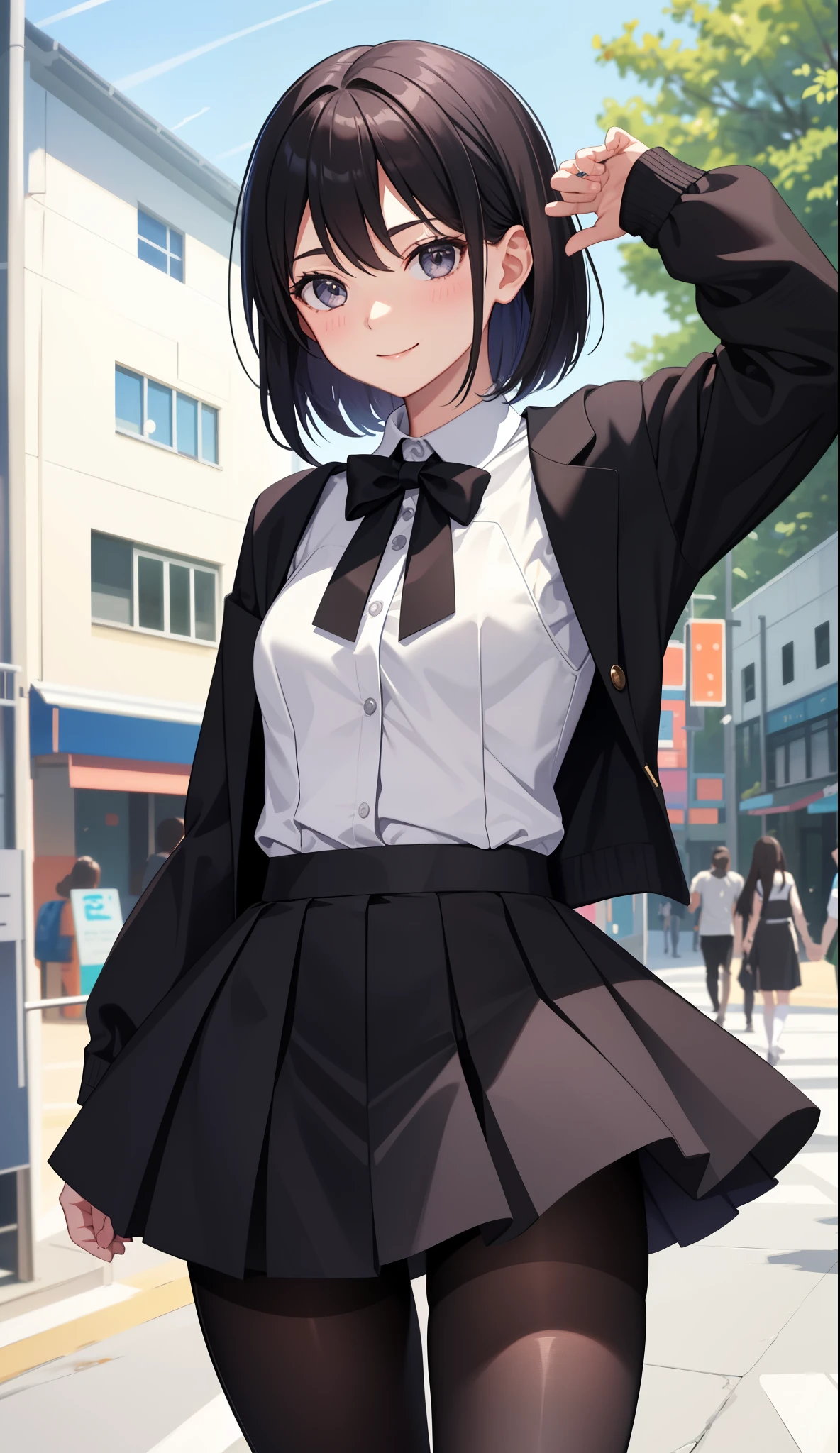 1girl in、AS-Adult、A smile、The shirt、skirt by the、(small tits)、Walking with a thigh、Upper body portrait、black tights