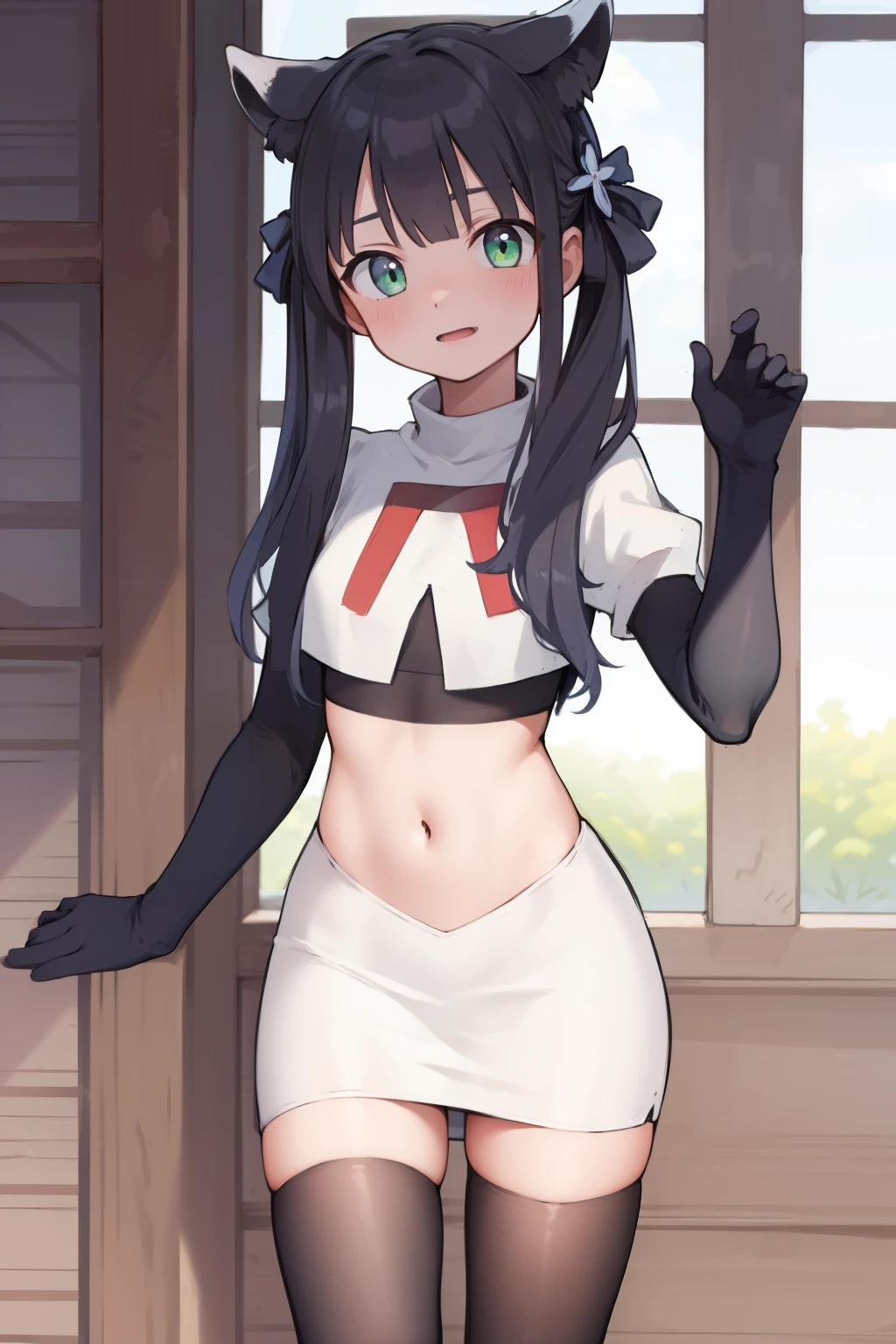 masterpiece,shundef, team rocket,team rocket uniform,white skirt,red letter R,crop top,black thigh-highs,black elbow gloves
