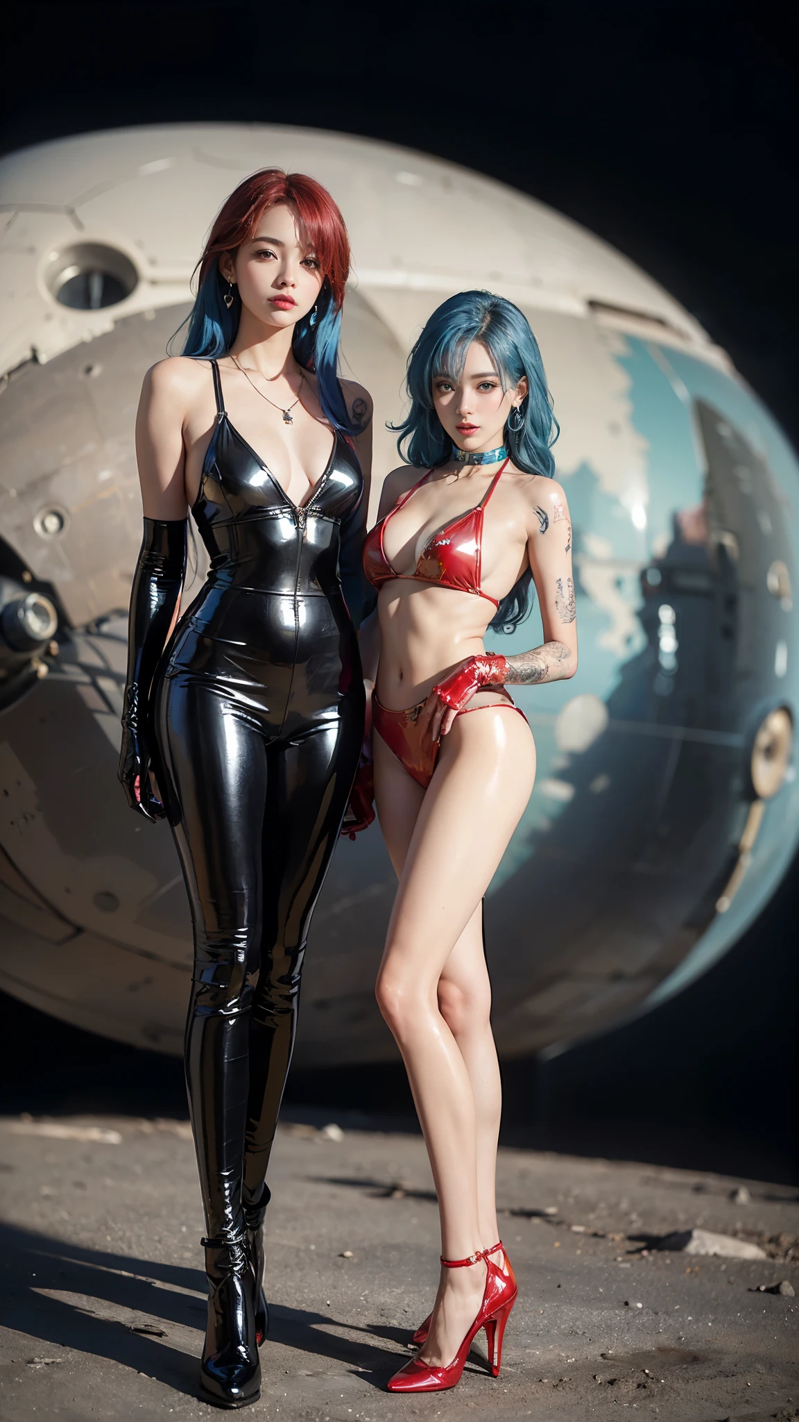 ((masterpiece:1.4)、(highest quality:1.4)、(Realistic:1.7))、Masterpiece:1.4、(Top-notch rendering:1.4)、Beautiful Girl Dirty Pair 2、(Beautiful Space Investigator Dirty Pair:1.4)、Space investigator duo Kei and Yuri、(Kei and Yuri are cute girl names:1.2)、Two investigators, Kei and Yuri stand side by side...、(By Luis Royo:1.4)、Body Fit Sexy Investigator Duo Uniform、(Shiny luxury latex:1.4)、(White Sleeveless Uniform Jacket)、(Underwear High Grade Red Latex Bikini)、(Luxury Red Latex:1.4)、19 years old、(Cute Tattoos:1.4)、(Wearing white gloves)、(Two cute girls:1.4)、Super Beauty、Sharp Focus、Portrait Photography:1.4、8k、Photorealistic images:1.4、(Perfect female body:1.4)、Perfect proportions、Sexy Couple、(Full body photography:1.4)、Beautiful Face、(Beautiful Skin:1.4)、Beautiful Eyes、Narrow waist:1.4、(9-body proportions beautiful girl:1.4)、(A beautiful girl with long legs and a good figure:1.4)、Beautiful feet:1.4、(Kay has red hair:1.4)、(Yuri has blue hair:1.4)、(Long Hair:1.2)、Beautiful breasts、Large Breasts:1.2、sexy ass、Raw photo、Red lips、Red high heels:1.4、choker:1.4、necklace:1.4、Earrings:1.4、1 Screen Display:1.4、Cyberpunk City:1.2