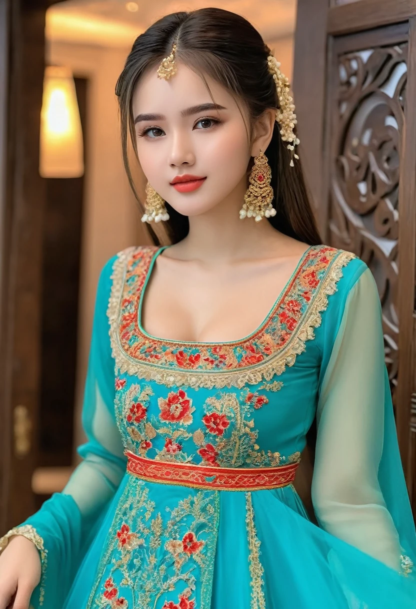 (Hotlexi woman), (best high quality:1.5), ((8k)), extremely detailed, (High details:1.4), Solo, very pretty 18 year old conservative girl, ((She is traditional and well-behaved, but she is very hot)), (conservative woman's dress),