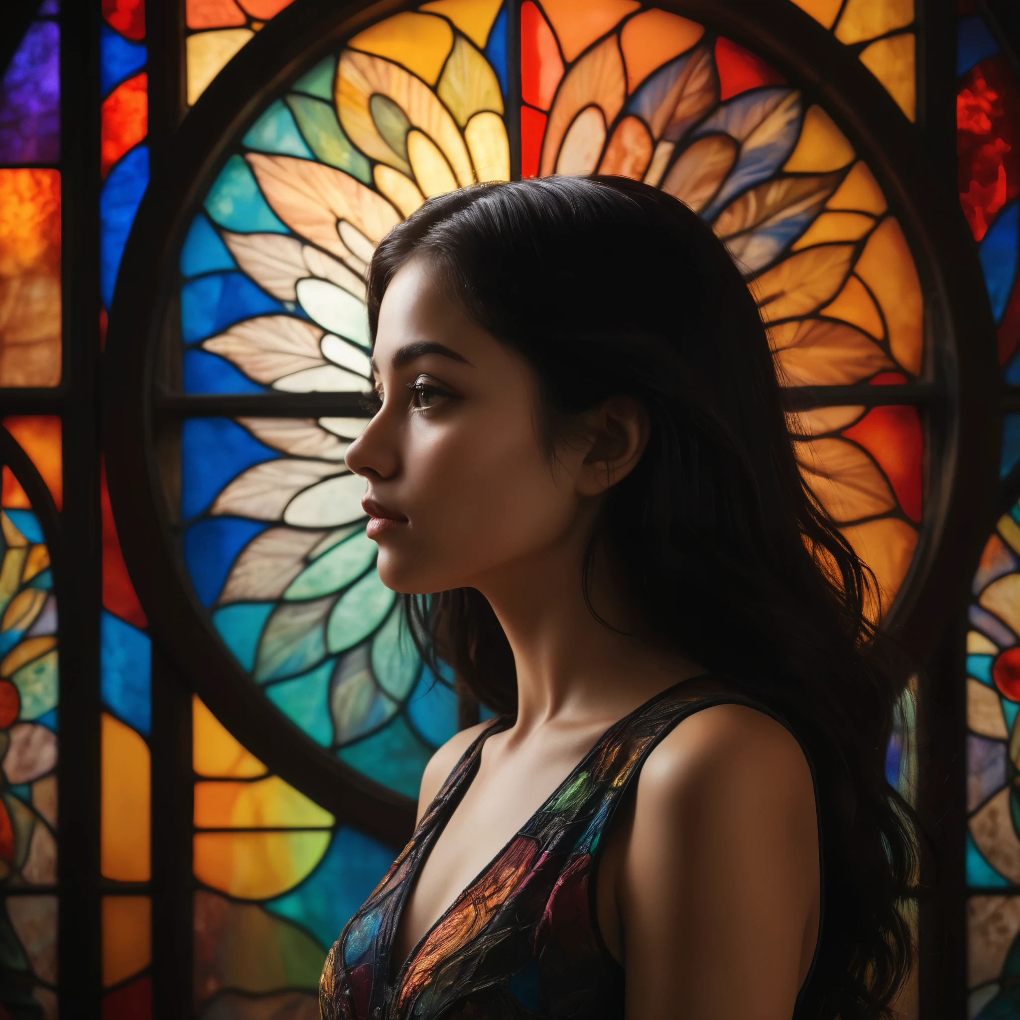 A silhouetted female figure in profile, centered against a vibrant, intricate stained glass background. The stained glass design is circular, radiating outwards from behind the figure's head, with colors transitioning seamlessly to create a rainbow spectrum effect. Dominant colors include deep blues, rich purples, vibrant reds, and bright greens. The pattern consists of intricate, swirling motifs resembling peacock feathers or paisley designs, detailed with textures and gradients, and bordered by black leading for contrast. The figure is a young [nationality] woman, facing left, with sharp facial features, long dark hair, and brown eyes. She is wearing a sleeveless top that reveals her shoulders, subtly contrasting with the colorful backdrop. The light source is behind the stained glass, creating a halo effect around the figure's head. The lighting is dramatic, emphasizing the contrast between the dark silhouette and the luminous stained glass. The composition places the figure slightly off-center, with the circular design drawing the eye towards her, creating an ethereal and visually striking effect
