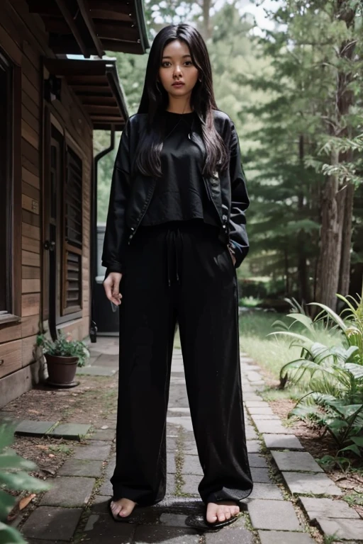 Japanese Girl sees the ghost and pees her black palazzo pants until her pants are wet in fright.
