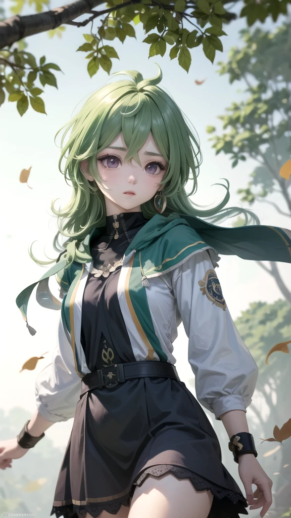 (High Detail:1.2) Anime Girl, (Cinematic Lighting, Delicate Colors), (Falling Leaves:1.2), Lighting Calm, Wind, Fog. Turquoise, delta tones.