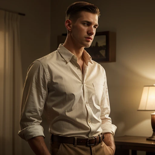 a tall boy with a low fade haircut, wearing a white button-down shirt and light brown pants, realistic, 8k, photorealistic, highly detailed, cinematic lighting, warm color tone, dramatic lighting, depth of field, sharp focus, masterpiece