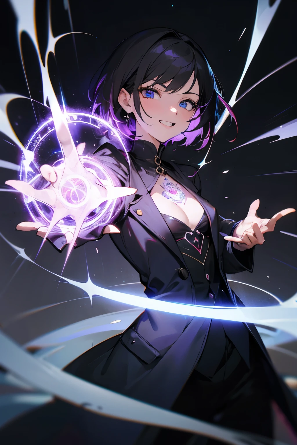 1 adult woman, (Ecstatic face), teasing to viewers, wearing smart coat, white magic circle in the background, glaring to viewer, soft clothes, cleavage, Sigh, heart mark, (masterpiece), ultra detailed, vividly depicted painting, aura, precise background, (geometry tattoo), (cinematic), elaborate, (gritty), point to viewers, (small shiny magic circle at hand), teeth, dynamic posing for photo, dark color hair, short hair, detailed magic circle,