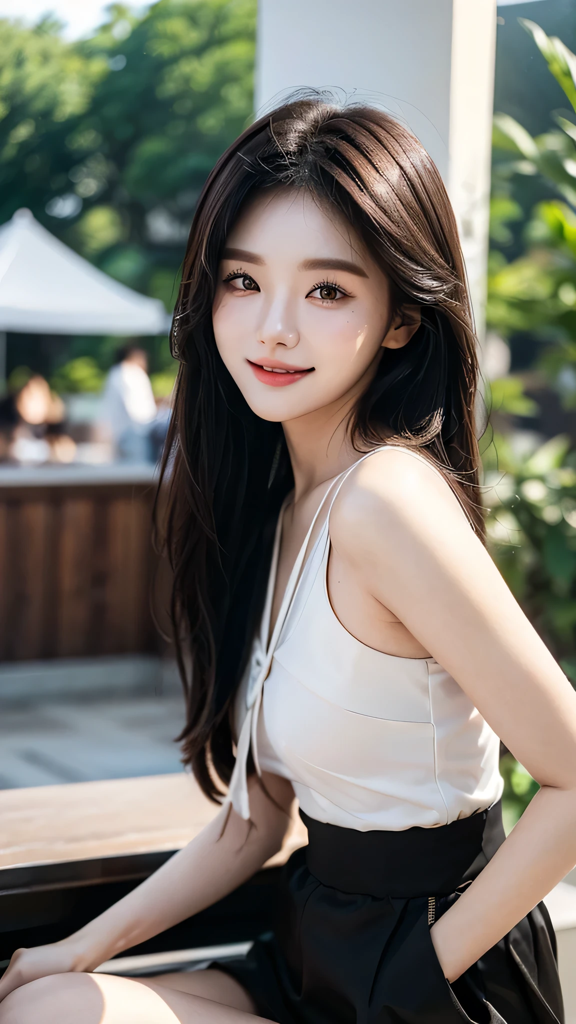 masterpiece、top-quality)、1 beautiful girl、((Wearing black sunglasses )), (Detailed beautiful eyes), ((Detailed skin)) , ((Detailed medium hair)), in the white villa、((Boyish Brown Medium Hair))、((Smaller face))、((Neutral face))、((Face seen from the side))、((Light brown eyes))、((Korean Girl))、((18year old))、((cool lady))、((A shy smile on his face))、((Korean Makeup))、((elongated and sharp eyes))、((Happy dating))、((boyish))、((Shot from the same height as your face)、full body , RAW photos, on the white villa ), ((CG rendering)), ((Blurred background)), ((16K)), ((Very detailed)), ((wallpaper)), ((depth of field)), ((movie light)), (( Ray tracing)).