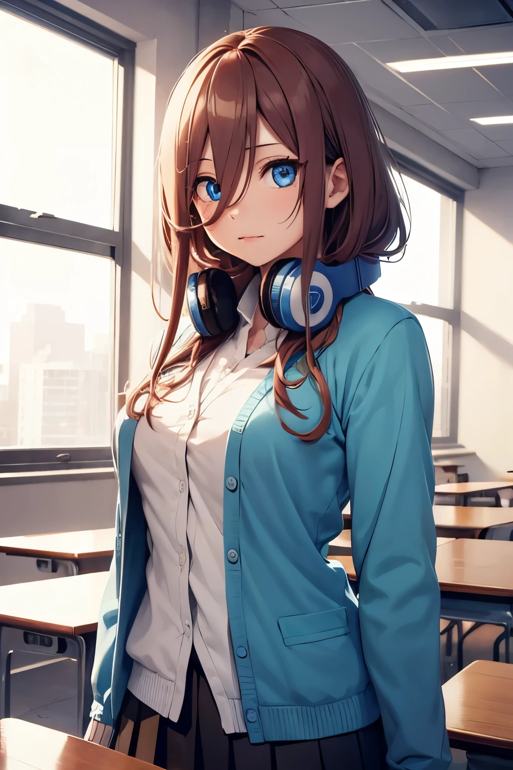 mikunakano, miku nakano, long hair, bangs, blue eyes, brown hair, shirt, hair between eyes, headphones, cardigan, headphones around neck,
BREAK skirt, shirt, long sleeves, white shirt, pantyhose, pleated skirt, black pantyhose, cardigan, green skirt, blue cardigan,
BREAK indoors, classroom,
BREAK looking at viewer, BREAK (masterpiece:1.2), best quality, high resolution, unity 8k wallpaper, (illustration:0.8), (beautiful detailed eyes:1.6), extremely detailed face, perfect lighting, extremely detailed CG, (perfect hands, perfect anatomy),
