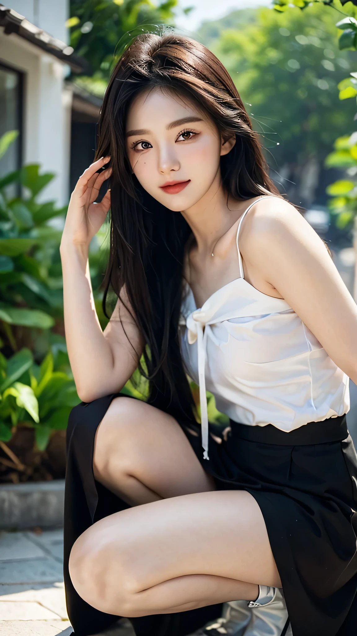 masterpiece、top-quality)、1 beautiful girl、((Wearing black sunglasses )), (Detailed beautiful eyes), ((Detailed skin)) , ((Detailed medium hair)), in the white villa、((Boyish Brown Medium Hair))、((Smaller face))、((Neutral face))、((Face seen from the side))、((Light brown eyes))、((Korean Girl))、((18year old))、((cool lady))、((A shy smile on his face))、((Korean Makeup))、((elongated and sharp eyes))、((Happy dating))、((boyish))、((Shot from the same height as your face)、full body , RAW photos, on the white villa ), ((CG rendering)), ((Blurred background)), ((16K)), ((Very detailed)), ((wallpaper)), ((depth of field)), ((movie light)), (( Ray tracing)).