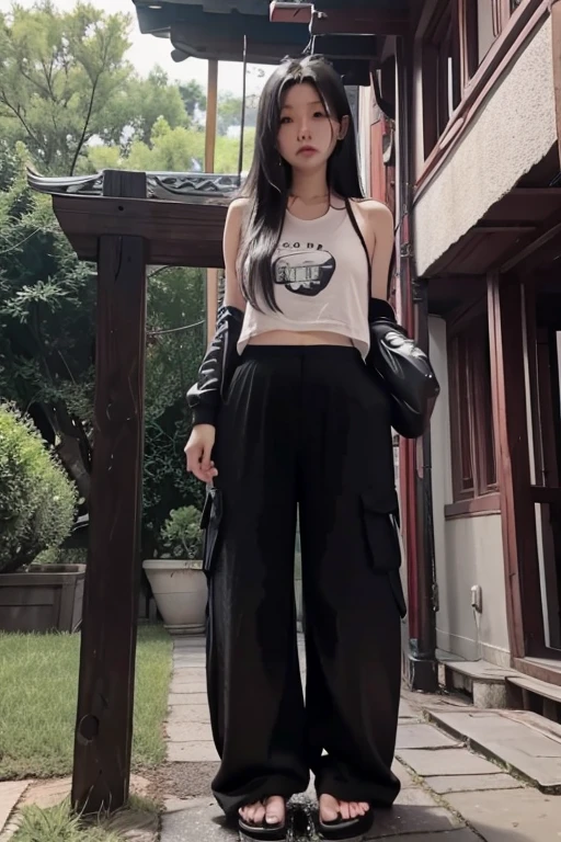 Chinese Girl sees the ghost and pees her black palazzo pants until her pants are wet in fright.