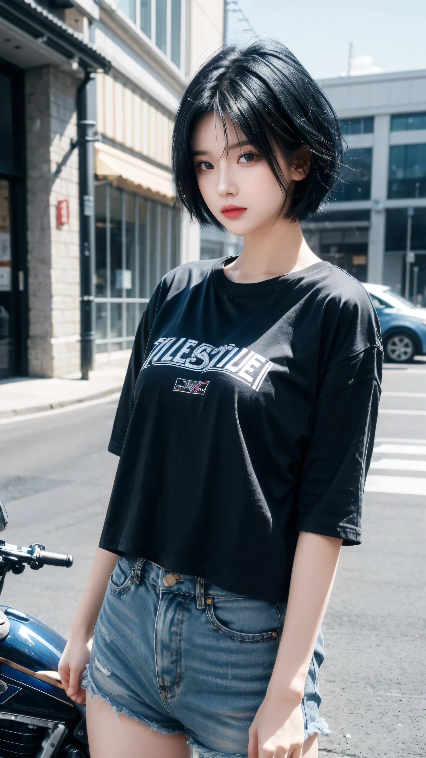 best quality, 1 Girl, dark blue hair, black eyes, Very short hair, Spiky hair, blue oversize t-shirt, High waist short, 171 cm, Messy hair, Hair between the eyes, Medium breasts, full, Tomboy, aldult, 20 years old, 1 Girl near blue motorcycle