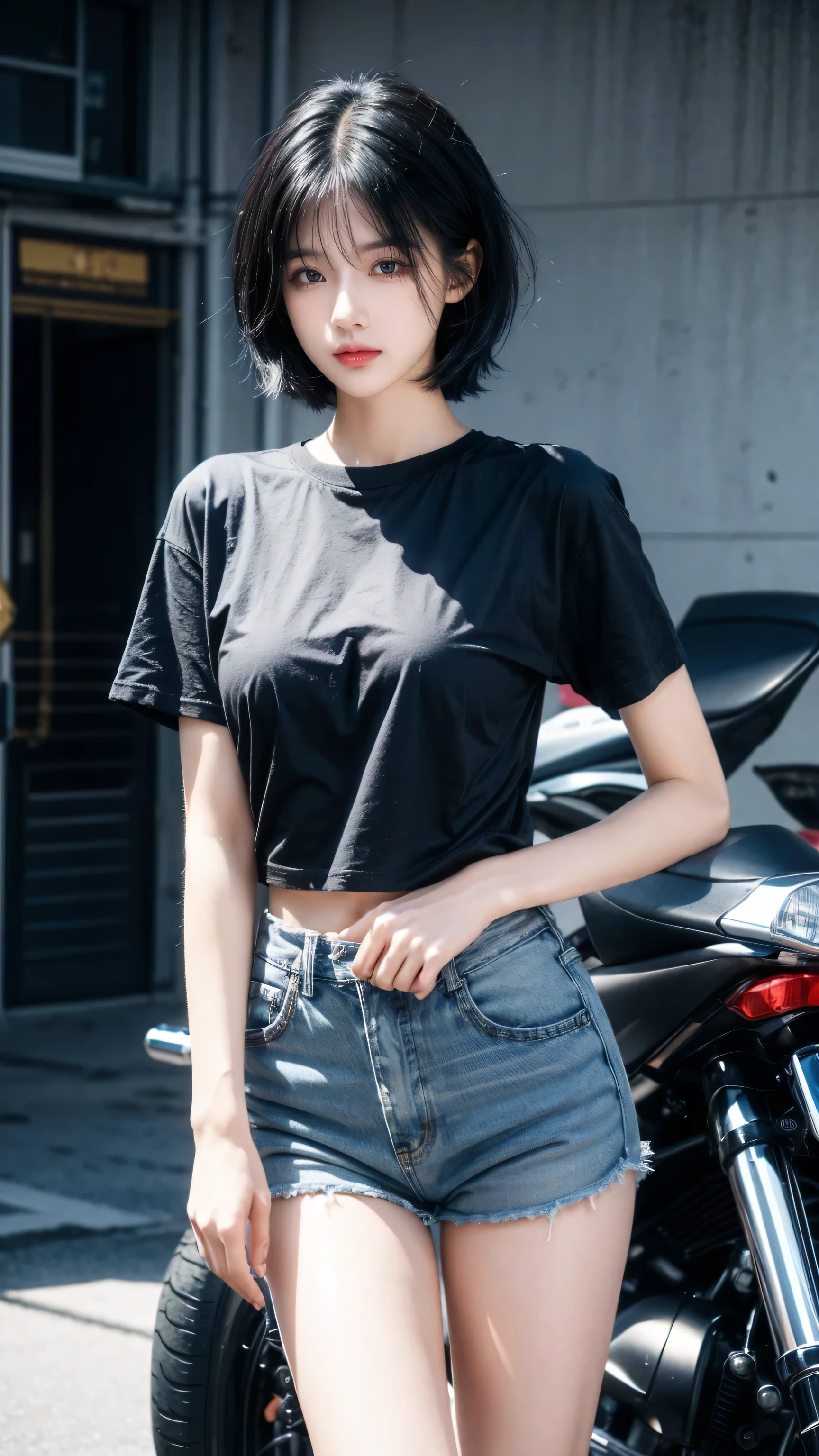 best quality, 1 Girl, dark blue hair, black eyes, Very short hair, Spiky hair, blue oversize t-shirt, High waist short, 171 cm, Messy hair, Hair between the eyes, Medium breasts, full, Tomboy, aldult, 20 years old, 1 Girl near blue motorcycle