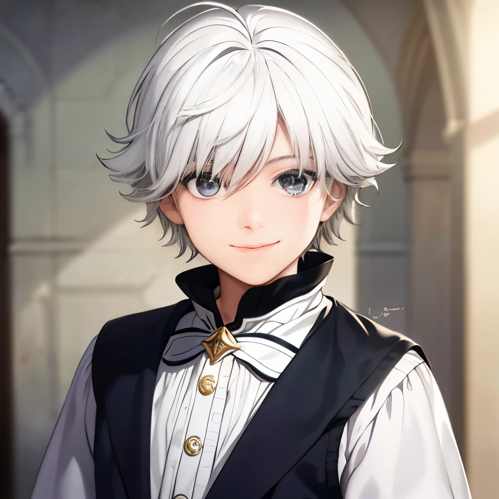 A realistic white-haired boy, 8 years old , 8yearsold, very messy hair, realistic hair, ((same realistic hairstyle)), realistic grey eyes, realistic smiling expression, adapt the same realistic prince clothes, realistic light, realistic shadows, realistic background, good image quality, very good image results, 4k, ultra detailed, realistic