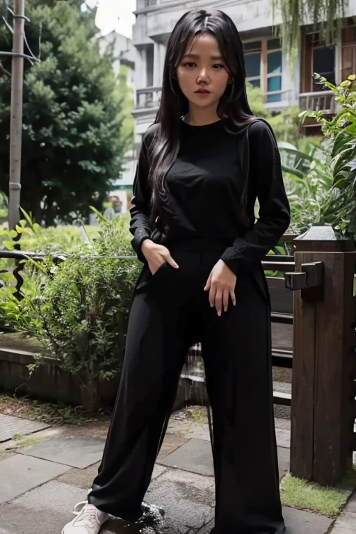 Vietnamese Girl sees the ghost and pees her black palazzo pants until her pants are wet in fright.