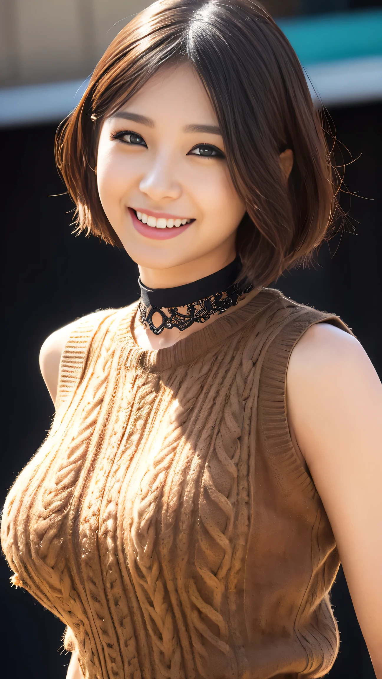 Japanese woman wearing a black sleeveless sweater、 (((masterpiece))), ((highest quality)), ((Intricate details)), (((Ultra-realistic)), irrational solution, Near and far, Very detailed, Realistic, 1 girl, ((Big Breasts)), Perfect hands, Finger details, Beautiful and detailed, short hair, Brown eyes,(Sleeveless sweater:1.2), Black knit dress, Detailed Background, choker, Perfect Eyes, Captivating eyes, Looking at the audience, From the top right、Laughter、Moles around the mouth、