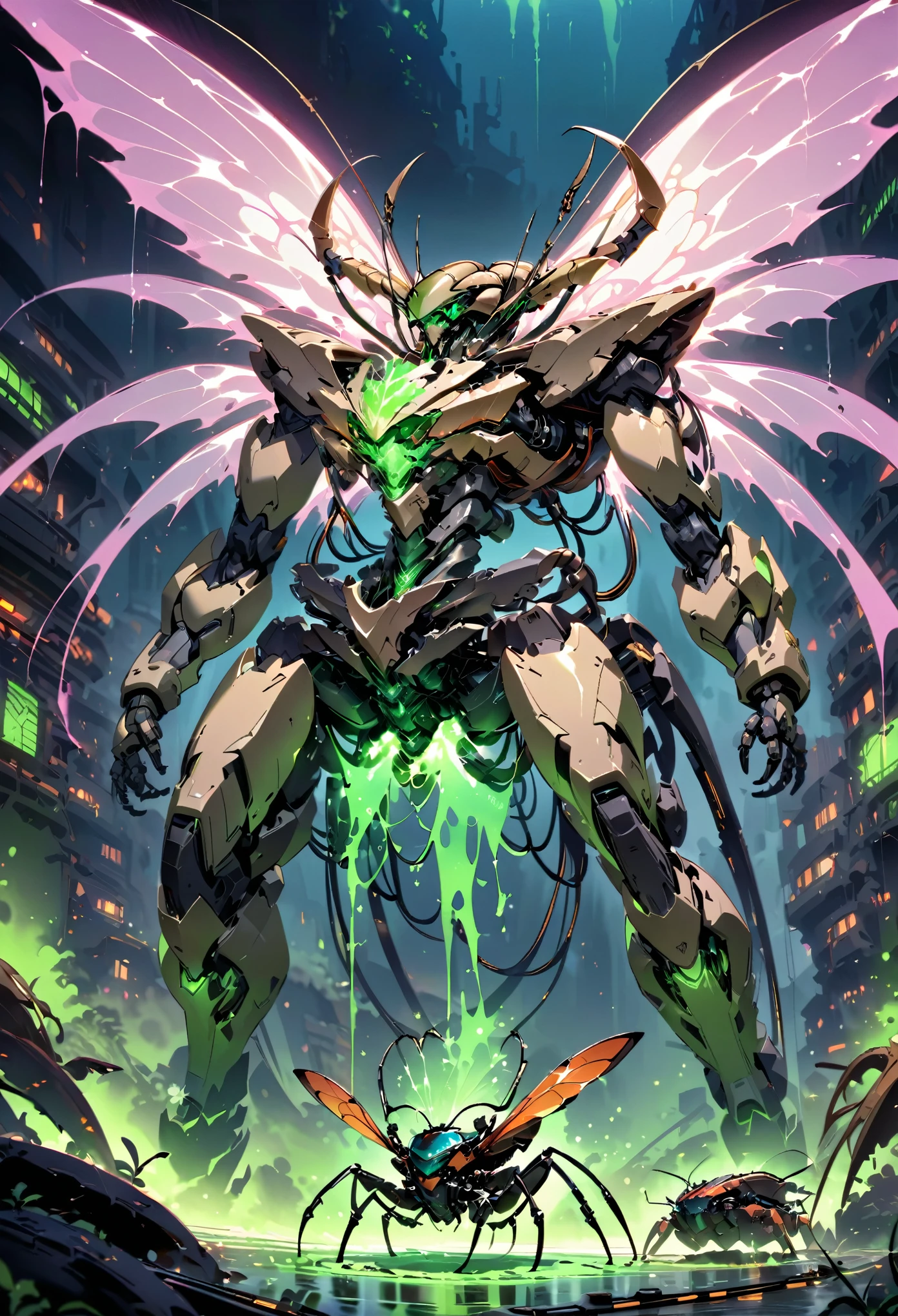 Giant cyborg beetle, bone plates, metal plates, organic and cybernetic, engine with a shaft up to the wings, metal cables and rods, 8-cylinder engine, connects the cylinders with vibrating luminescent cables, bioluminescent liquid, beetle with large horn, giant wings extended, motorcycles accelerated,
