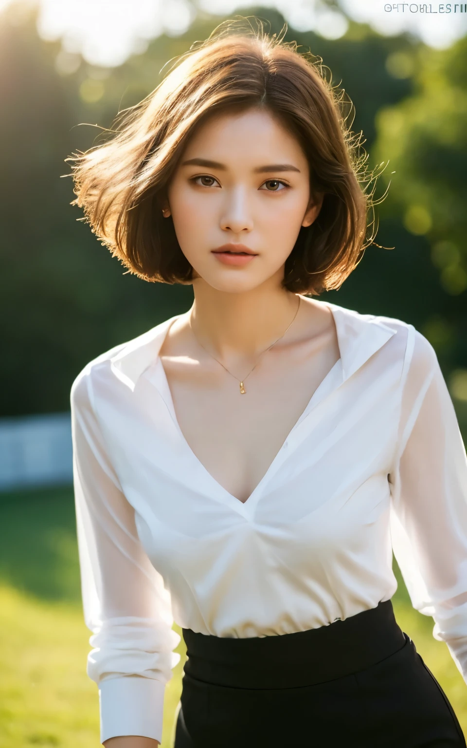 ((top-quality、8K、​masterpiece: 1.3))、Perfect Body Beauty: 1.4、Slender Abs: 1.2、Beautiful woman with slender abs:1.3、(Highlight Haircuts、Breast A Cup:1.2), small breast, round shape breast, perfect shape breast, ((( black silk pencil skirt, white shirt, opened shirt , bare breast))), pubic hair,hight pubic bone, simple necklace, hyperdetailed face、18year old、 Pretty women、(Dark brown short-cut hair), Slim Face、Highly detailed facial and skin texture、very detailed lips、opens legs、top-quality、​masterpiece、超A high resolution、(Photorealsitic:1.4), walked forward confidently, spreading her arms, long shot , (outdoor), bright background, sunset light,
