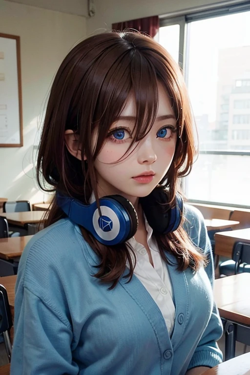mikunakano, miku nakano, long hair, bangs, blue eyes, brown hair, shirt, hair between eyes, headphones, cardigan, headphones around neck,
BREAK skirt, shirt, long sleeves, white shirt, pantyhose, pleated skirt, black pantyhose, cardigan, green skirt, blue cardigan,
BREAK indoors, classroom,
BREAK looking at viewer, BREAK (masterpiece:1.2), best quality, high resolution, unity 8k wallpaper, (illustration:0.8), (beautiful detailed eyes:1.6), extremely detailed face, perfect lighting, extremely detailed CG, (perfect hands, perfect anatomy),