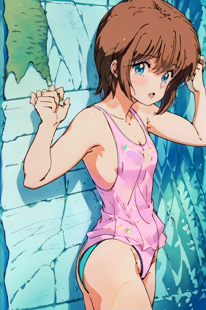 ((Masterpiece)), 8k wallpaper,solo, Watanabe you, pov, against wall,pov hands, embarrassed,wearing only a basic swimsuit and pumps, The shoulder area of the swimsuit is a tank top type without decoration, The waist of the swimsuit is a high-cut leotard type The surface of the swimsuit is slippery.