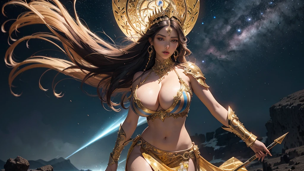 A woman in a golden transparent dress,View Viewer,(((Huge breasts, University of Kili))),Slim waist,(Navel exposed,Bare waist), long hair, extreme detailed details,High-end real station, Heavy rain scene, Detailed fantasy art, Stunning character art, Beautiful and exquisite character art, Beautiful gold and silver armor, Very detailed, girl in shining armor, Exquisite headpieces and jewellery,crystal jewelry filigree, Galaxy, Stunning visuals, (Dynamic Stripes, light track:1.2), Vibrant colors,