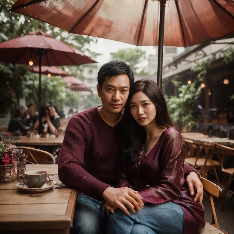 there are two people sitting at a table with an umbrella, lovely couple, couple pose, ruan jia and brom, fanart, by Basuki Abdullah, romantic couple, portrait shot, by Emma Andijewska, by Abidin Dino, couple, natasha tan maciej kuciara, mid shot portrait, by Galen Dara, 🤬 🤮 💕 🎀