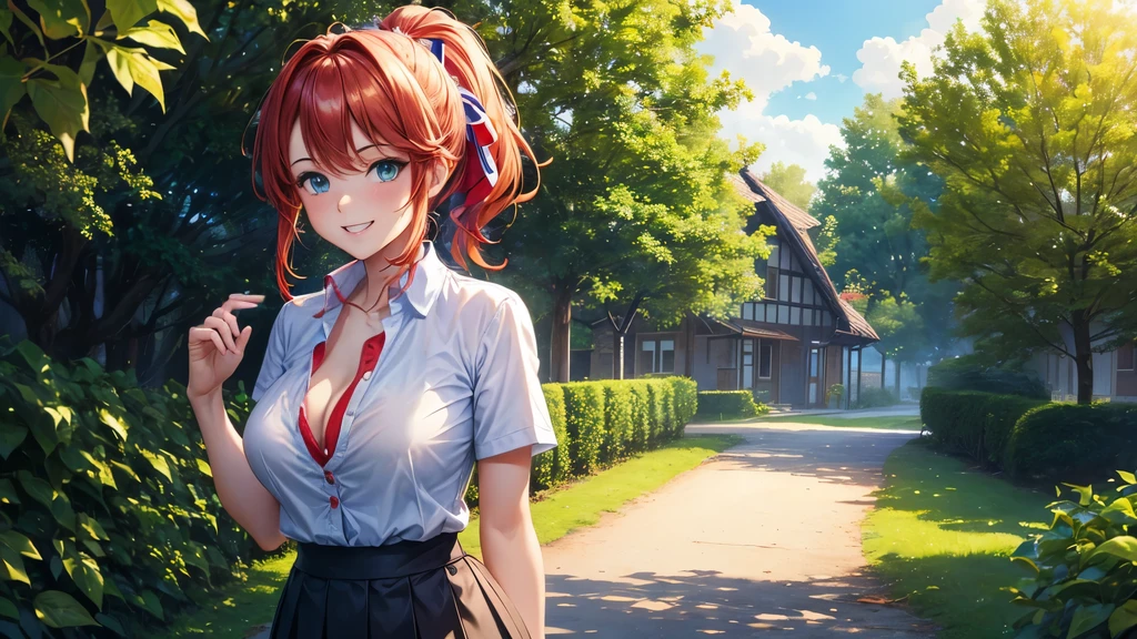 1girl, summer, village, trees, sun, clouds, ((colorful hair)), ponytail, large breasts, button down, blue eyes, ((red, white and green shirt)), ((unbuttoned shirt)), unbuttoning buttons, ((short sleeved shirt)), black mini skirt, brown shoes, grin, looking at the viewer, standing, red, white and green hair ribbon, cleavage, ((golden necklate))