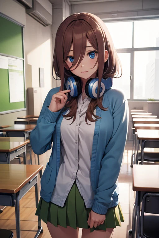mikunakano, miku nakano, long hair, bangs, blue eyes, brown hair, shirt, hair between eyes, headphones, cardigan, headphones around neck,
BREAK skirt, shirt, long sleeves, white shirt, hose, pleated skirt, black panty cardigan, green skirt, blue cardigan,
BREAK indoors, classroom,
BREAK looking at viewer, BREAK (masterpiece:1.2), best quality, high resolution, unity 8k wallpaper, (illustration:0.8), (beautiful detailed eyes:1.6), extremely detailed face, perfect lighting, extremely detailed CG, (perfect hands, perfect anatomy),