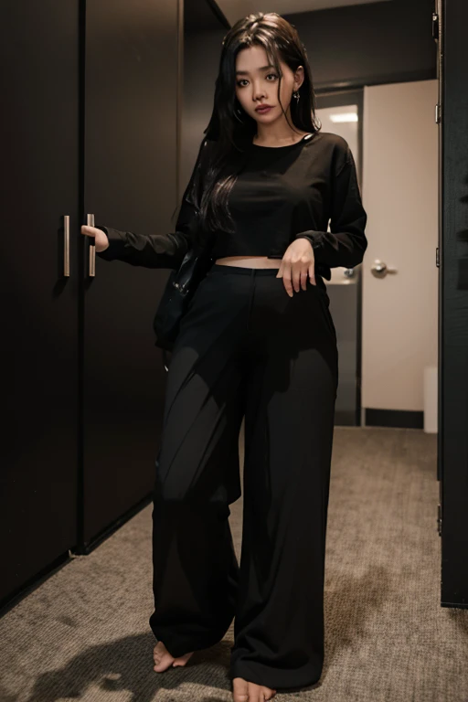 Malay Girl sees the ghost and pees her black palazzo pants until her pants are wet in fright.
