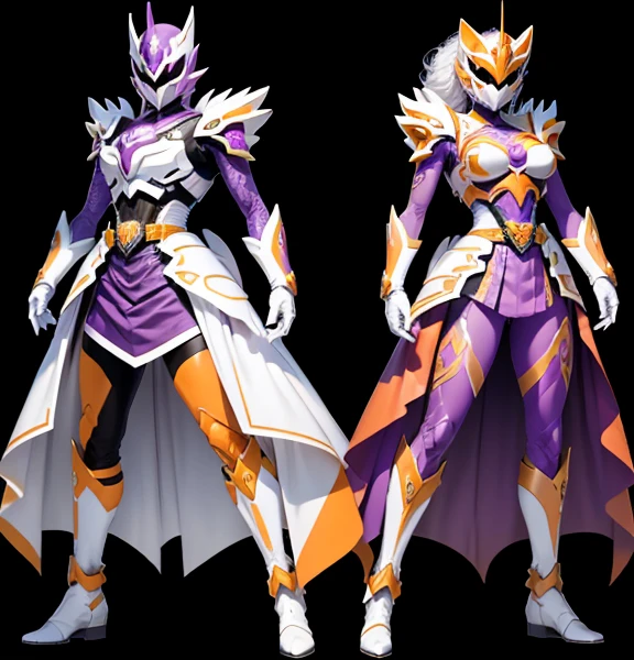 Kamen Rider, special effects, Toei, two warriors, male and female, lined up, white lion concept design, white and orange ranger, purple bat concept design, white and purple ranger