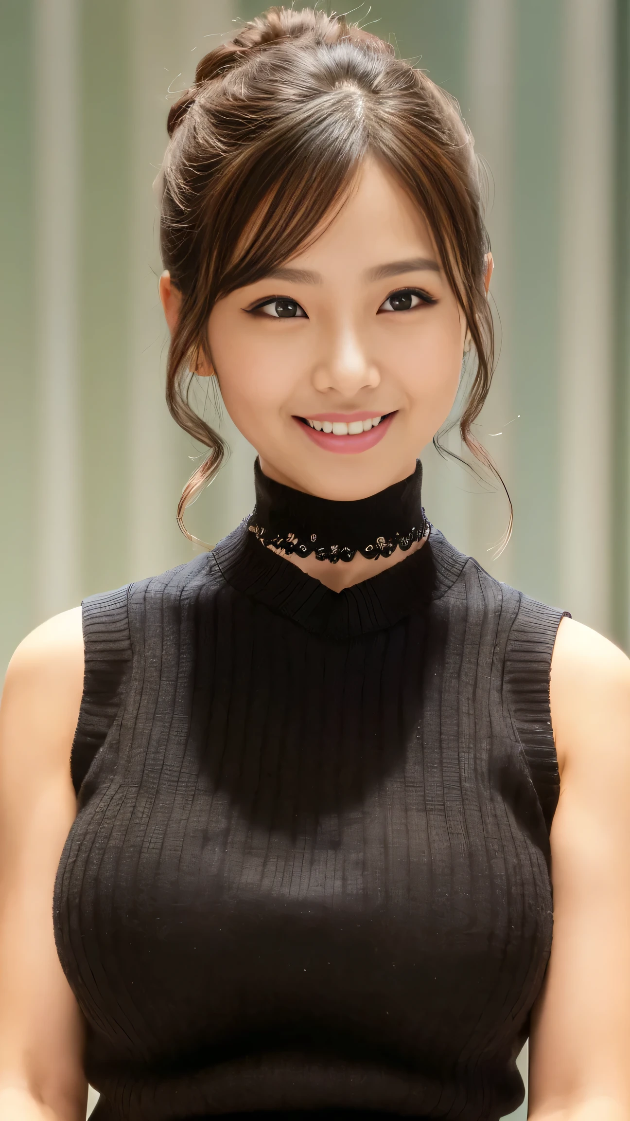 Japanese woman wearing a black sleeveless sweater、 (((masterpiece))), ((highest quality)), ((Intricate details)), (((Ultra-realistic)), irrational solution, Near and far, Very detailed, Realistic, 1 girl, ((Big Breasts)), Perfect hands, Finger details, Beautiful and detailed, short hair, Brown eyes,(Sleeveless sweater:1.2), Black knit dress, Detailed Background, choker, Perfect Eyes, Captivating eyes, Looking at the audience, From the top right、Laughter、Moles around the mouth、ponytail、front、