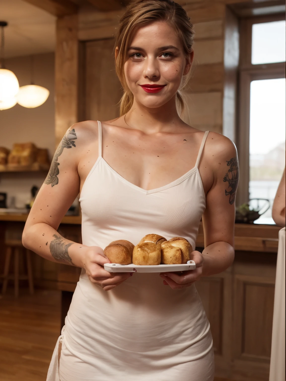 A photo of (gut gelaunt) happy smiling friendly Ellie at the local bakery, holding a tray of freshly baked pastries and bread.,white girl with a few freckles, with a medium hairstyle, She wears practical white totally transparent dress. Wearing converse is a must. She has a tattoo wraps almost completely her right forearm covering her bite mark scar. Her build is slim and athletic. Her facial expression include a happy determined and sometimes intense expression. Her eyes convey a sense of resilience and determination. Her hairstyle is a messy half ponytail. Blue eyes., female LaGermania, red lipstick, blond short hair, wearing a illfitting nonformal dress