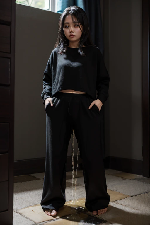 Malay Girl sees the ghost and pees her black palazzo pants until her pants are wet in fright.